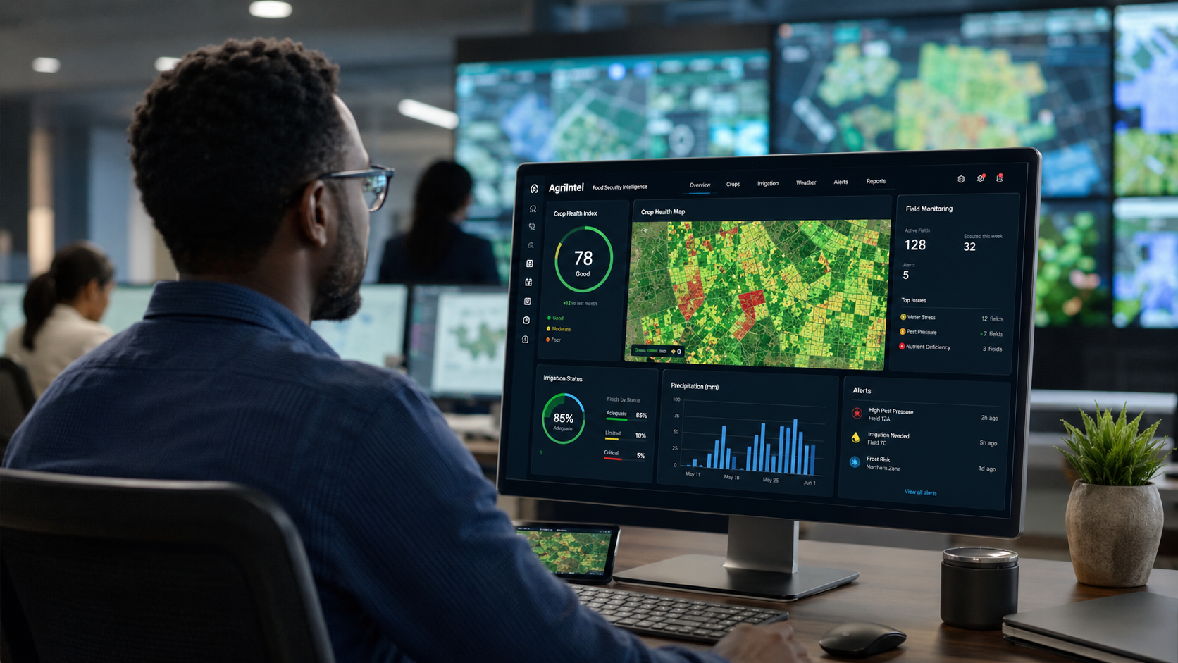 Food security intelligence dashboard displaying crop maps and field health information