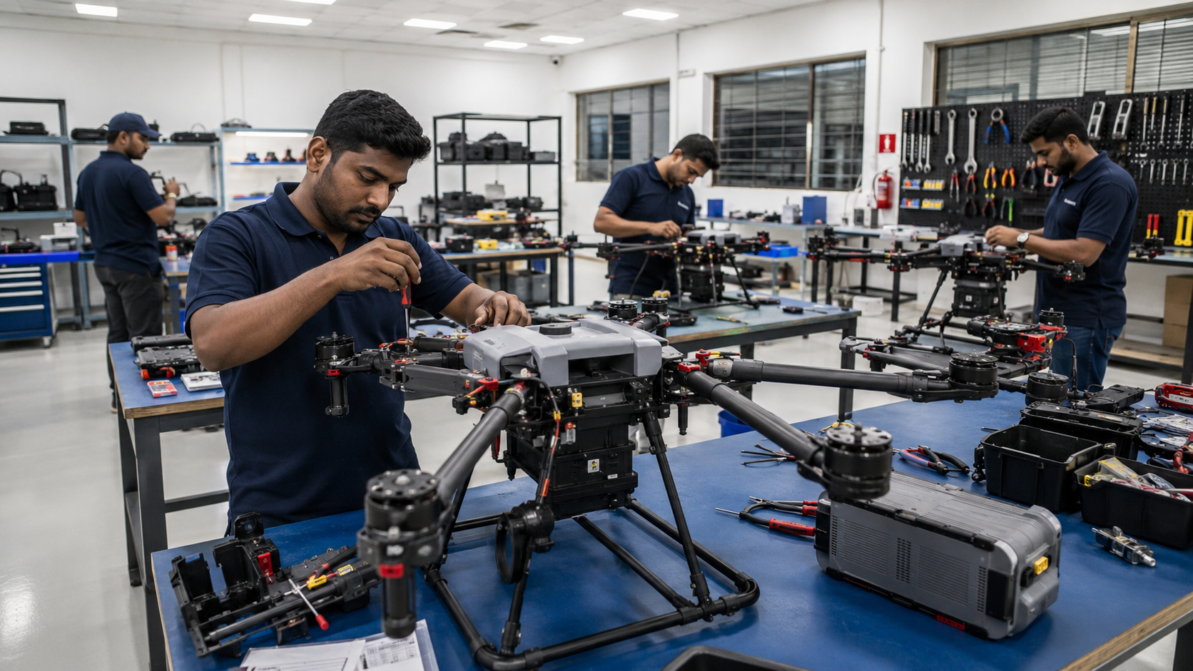 Local technicians assembling and maintaining civilian agricultural drones